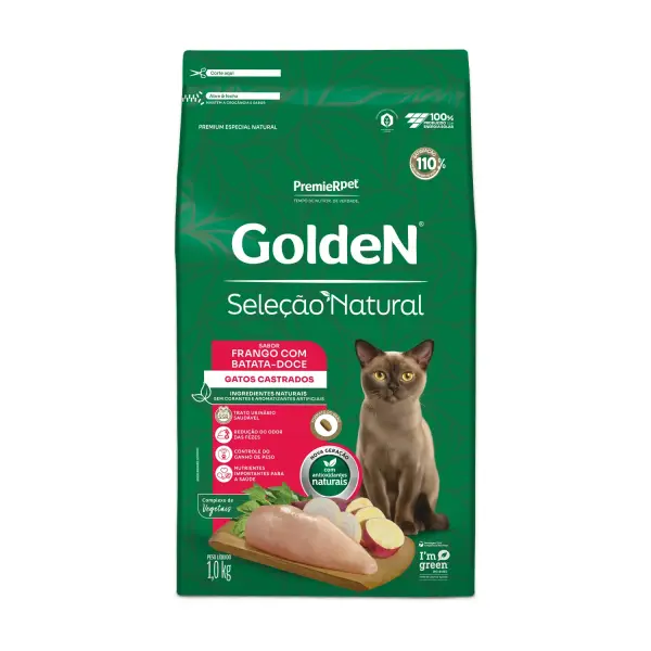 Ração Golden Seleção Natural Gatos Castrados Frango com Batata-Doce