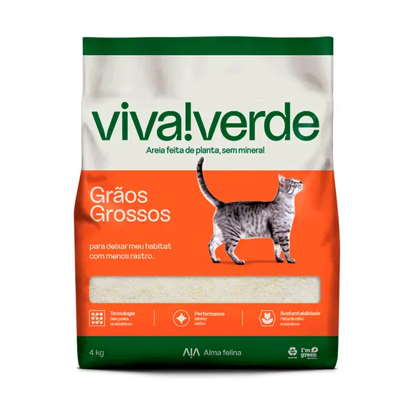 Areia Higiênica Biodegradável Milho e Mandioca Grãos Grossos Viva Verde
