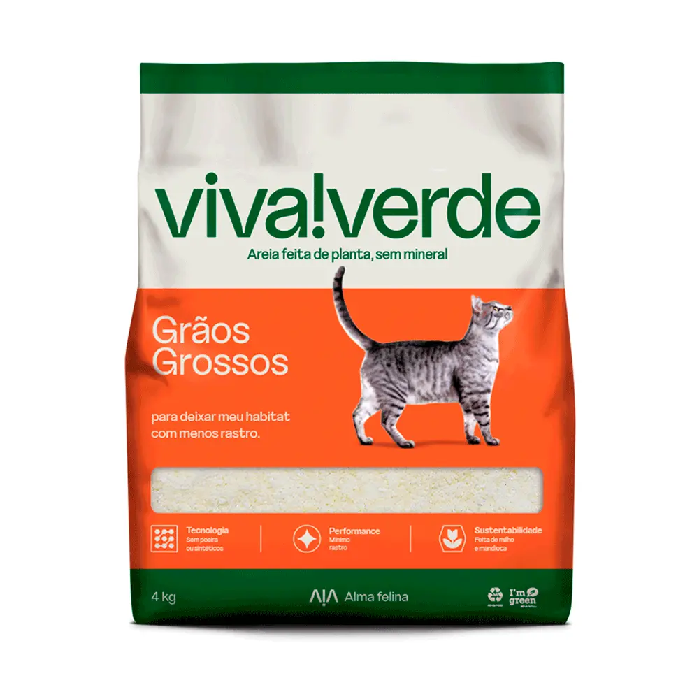 Areia Higiênica Biodegradável Milho e Mandioca Grãos Grossos Viva Verde