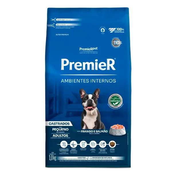 Ração Premier Ambientes Internos Cães Castrados Adultos Frango e Salmão