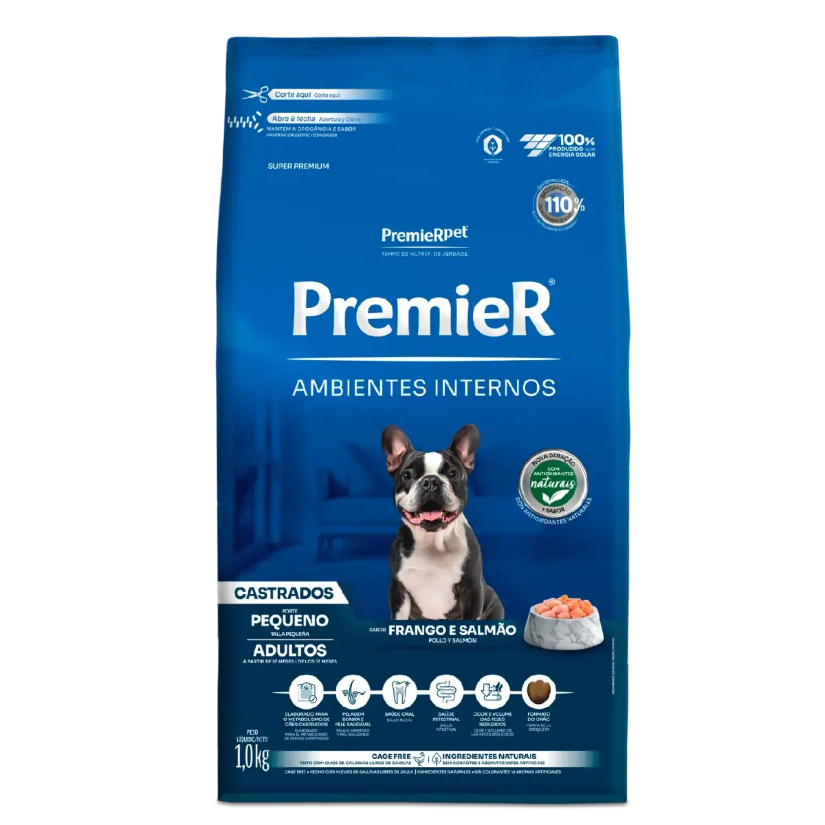 Ração Premier Ambientes Internos Cães Castrados Adultos Frango e Salmão