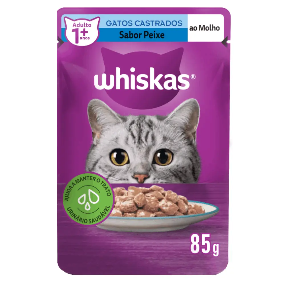 Ração Úmida Whiskas Sachê Peixe ao Molho Gatos Adultos Castrados
