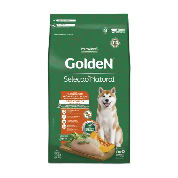 Ração Golden Seleção Natural Cães Adultos Frango, Abóbora e Alecrim