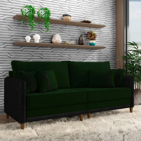 Sofá Montecarlo 3 Lugares  232cm  Veludo/PU Verde/Preto
