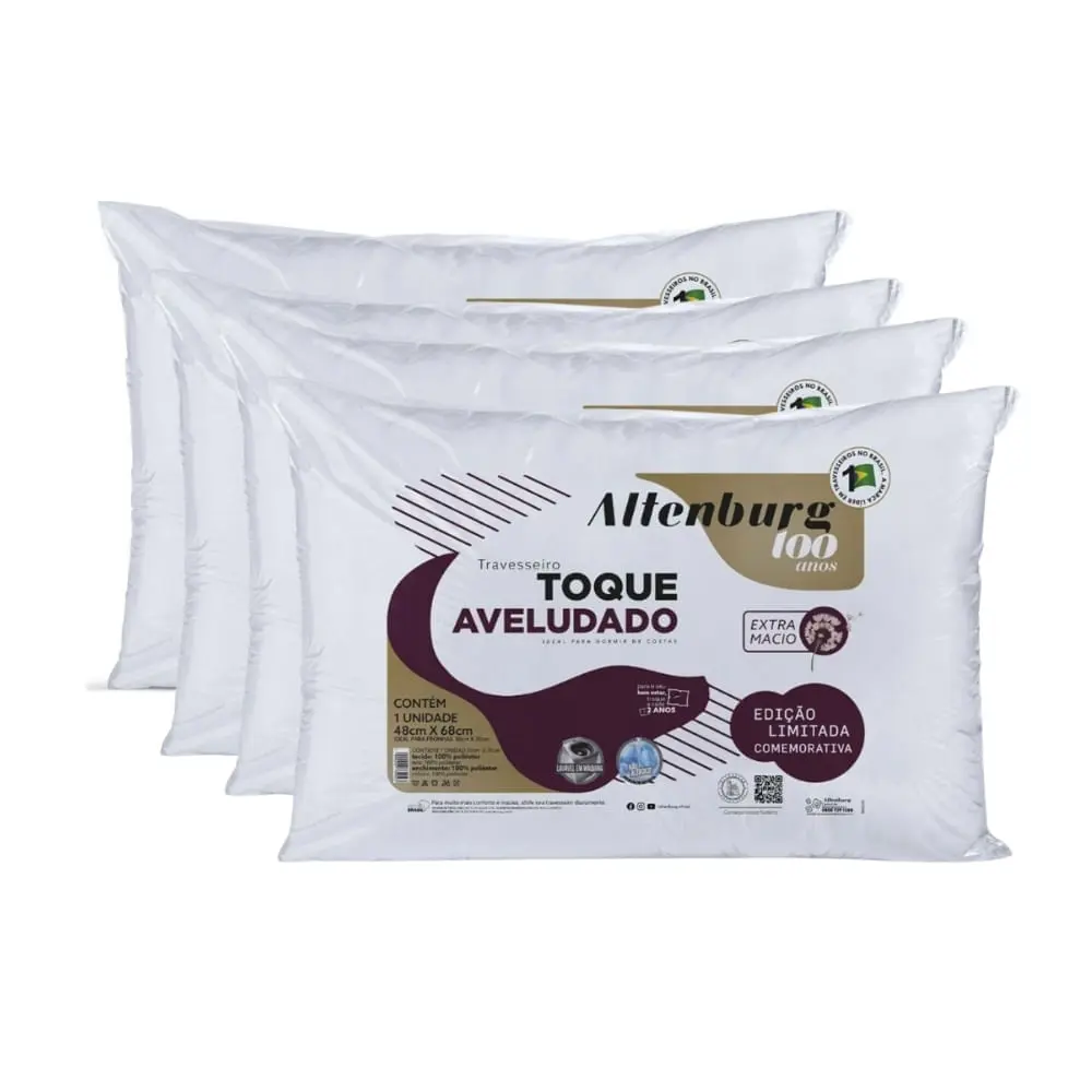 Kit 4 Travesseiros Altenburg Toque Aveludado 48x68 Macios e Confortáveis