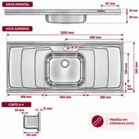 Tampo de Pia Inox com Cuba Dubai GhelPlus 120x54,5cm