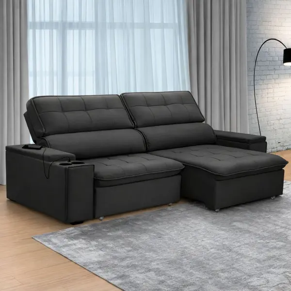 Sofá Retrátil 3 Lugares Com Porta Copos e USB Genebra Ferguile