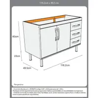 Balcão Sem Tampo 2 Portas 3 Gavetas Tóquio Rorato 116,2cm