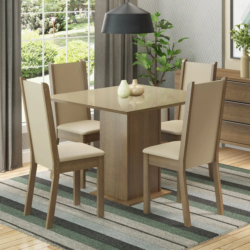 Conjunto Sala de Jantar Moscou Plus Madesa Mesa Tampo de Vidro com 4 Cadeiras Rustic/Crema/Sintético Bege