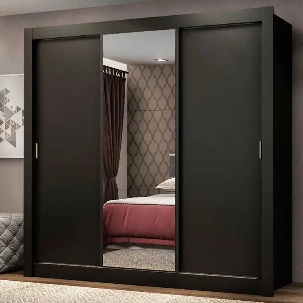 Guarda-Roupa Casal Madesa Mônaco 3 Portas de Correr com Espelho Preto