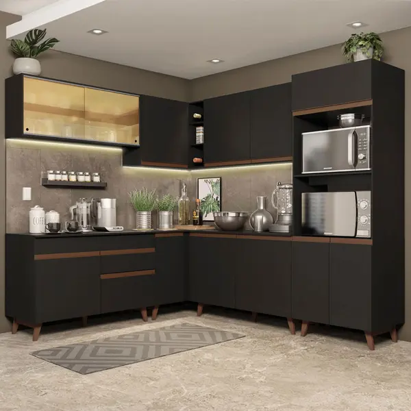 Armário de Cozinha Completa de Canto 452cm Preto Reims Madesa XA01