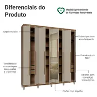 Guarda-Roupa Casal com Pés 8 Portas Batentes com Espelho Rustic/Crema/Rustic Netuno Madesa