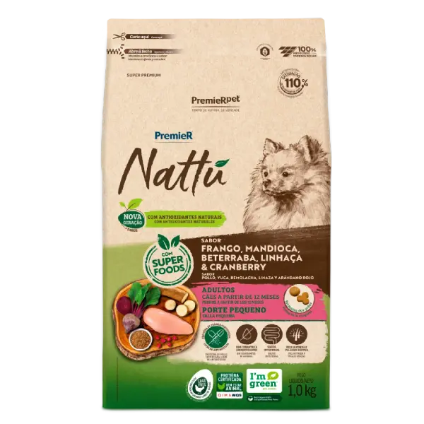 Ração Premier Nattu Cães Adultos Pequeno Porte Mandioca