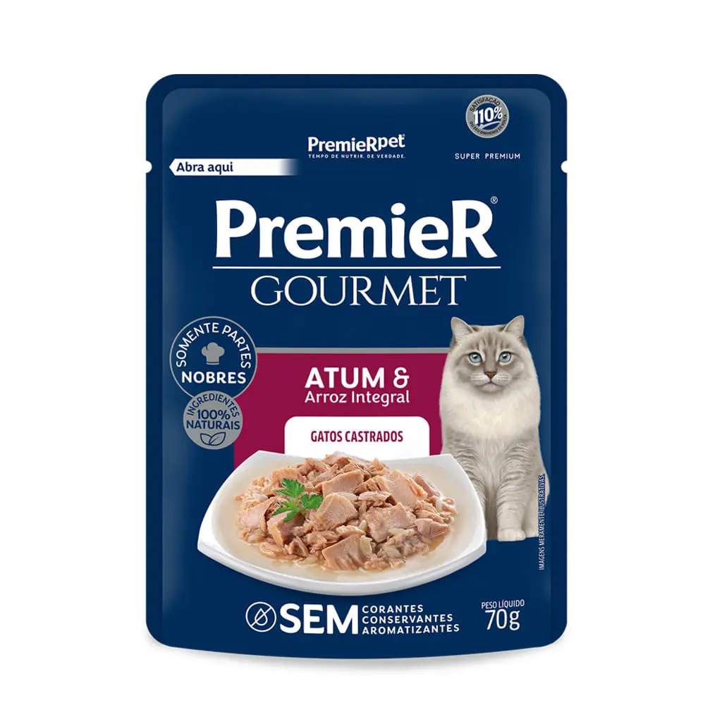 Ração Úmida Premier Gourmet Gatos Castrados Atum e Arroz Integral