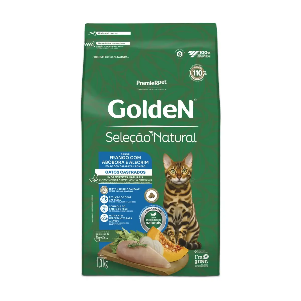 Ração Golden Seleção Natural Gatos Castrados Frango com Abóbora e Alecrim
