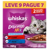Ração Úmida Whiskas Sachê Gatos Adultos Castrados Carne e Peixe