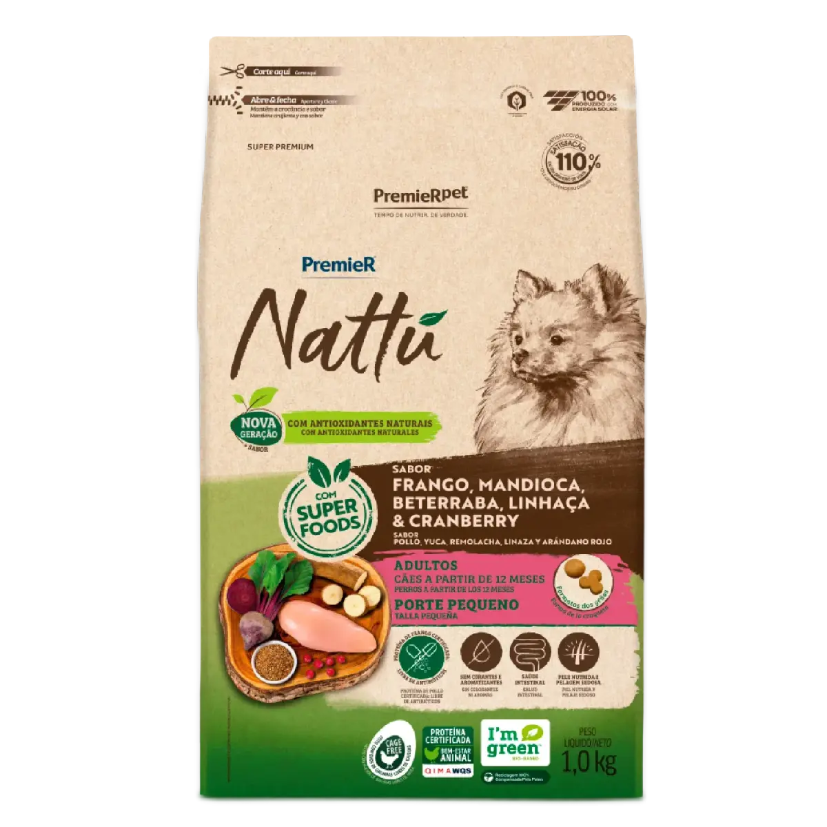 Ração Premier Nattu Cães Adultos Pequeno Porte Mandioca