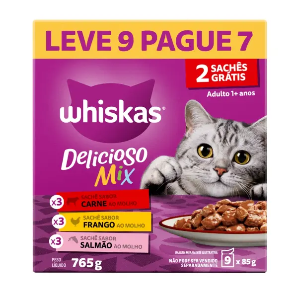 Ração Úmida Whiskas Sachê Gatos Adultos Carne, Frango e Salmão