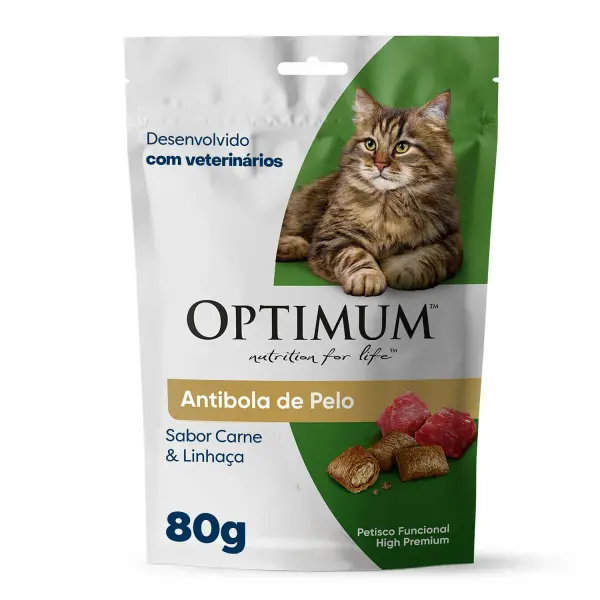 Petisco Optimum Gatos Adultos Anti Bola de Pelo Carne e Linhaça